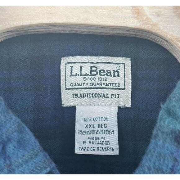LL Bean Adult 2XL Blue Green Plaid Flannel Button Up Long Sleeve Outdoor Mens - Picture 3 of 4